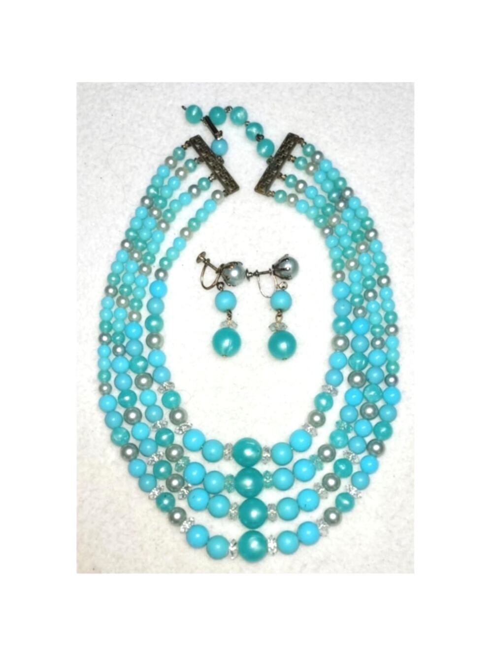 Vintage MCM 4 Strand Turquoise Faux Lucite Bead Necklace Screwback Earrings Set